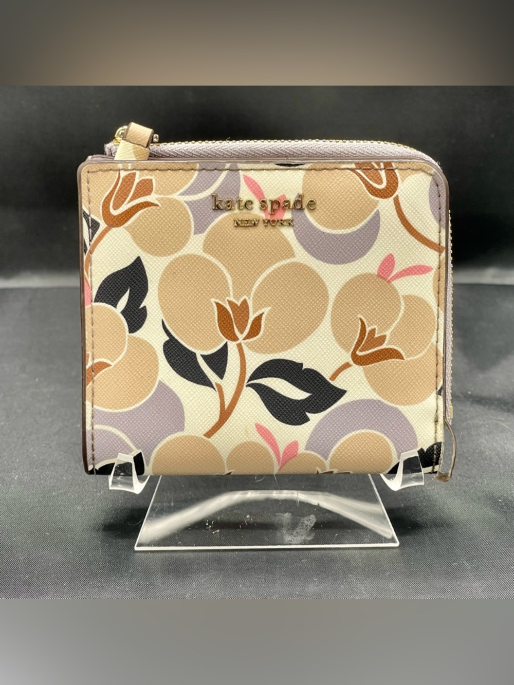 Kate Spade Small Wallet: Floral in Beige w/ Pink, Purple, and Black Accents
